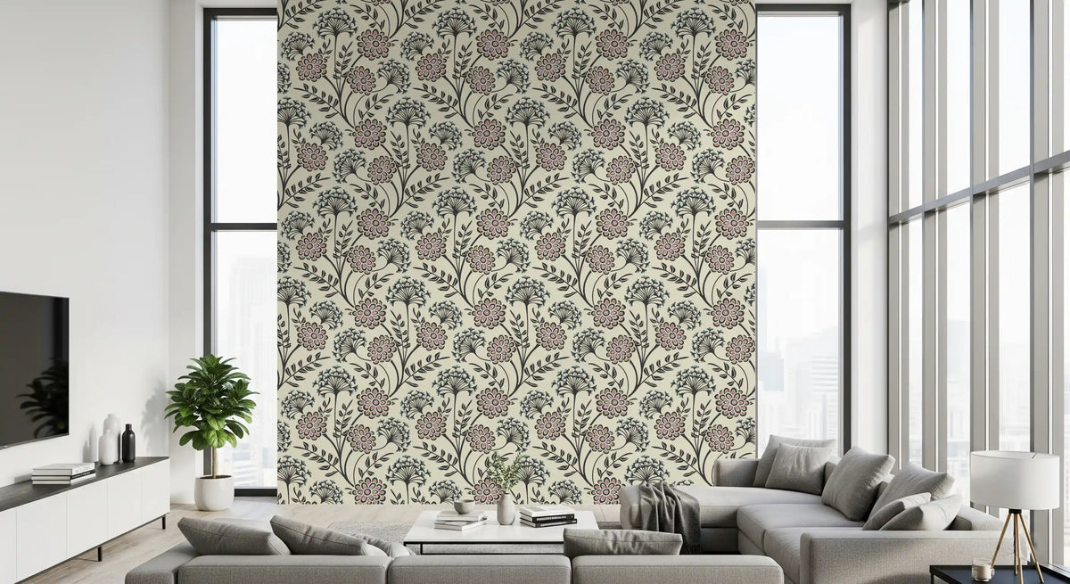 Danube Retro Vintage Floral Zinnia Cow Parsley in Charcoal Ecru Wallpaper⁠