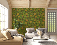 Danube Retro Vintage Floral Zinnia Cow Parsley in Yellow Moss Green Wallpaper⁠