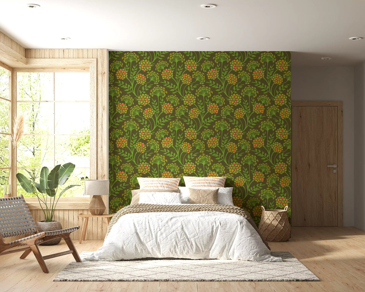 Danube Retro Vintage Floral Zinnia Cow Parsley in Yellow Moss Green Wallpaper⁠