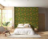 Danube Retro Vintage Floral Zinnia Cow Parsley in Yellow Moss Green Wallpaper⁠