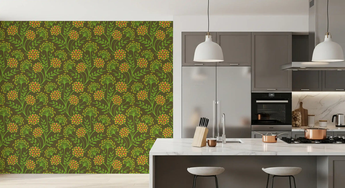 Danube Retro Vintage Floral Zinnia Cow Parsley in Yellow Moss Green Wallpaper⁠