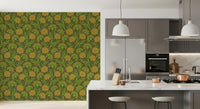 Danube Retro Vintage Floral Zinnia Cow Parsley in Yellow Moss Green Wallpaper⁠