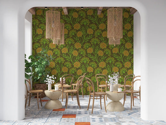 Danube Retro Vintage Floral Zinnia Cow Parsley in Yellow Moss Green Wallpaper⁠