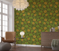 Danube Retro Vintage Floral Zinnia Cow Parsley in Yellow Moss Green Wallpaper⁠