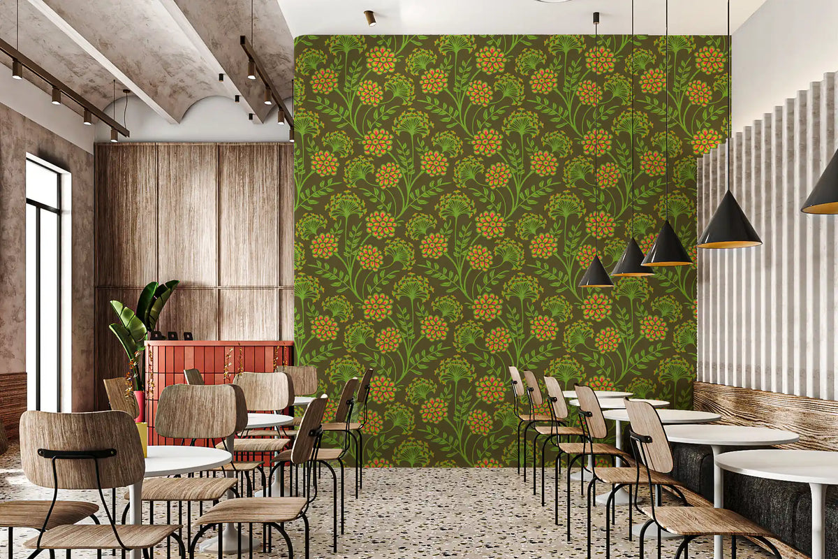 Danube Retro Vintage Floral Zinnia Cow Parsley in Yellow Moss Green Wallpaper⁠