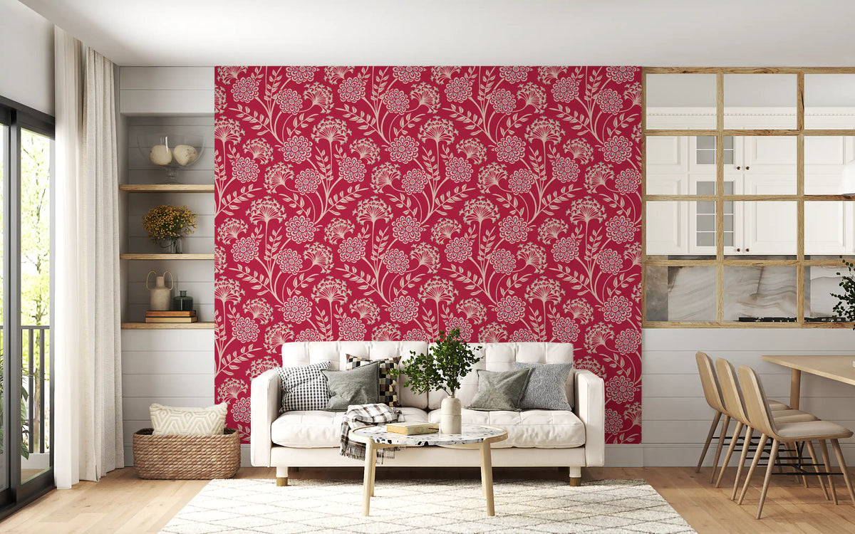 Danube Retro Vintage Floral Zinnia Cow Parsley in Viva Magenta Red Wallpaper⁠