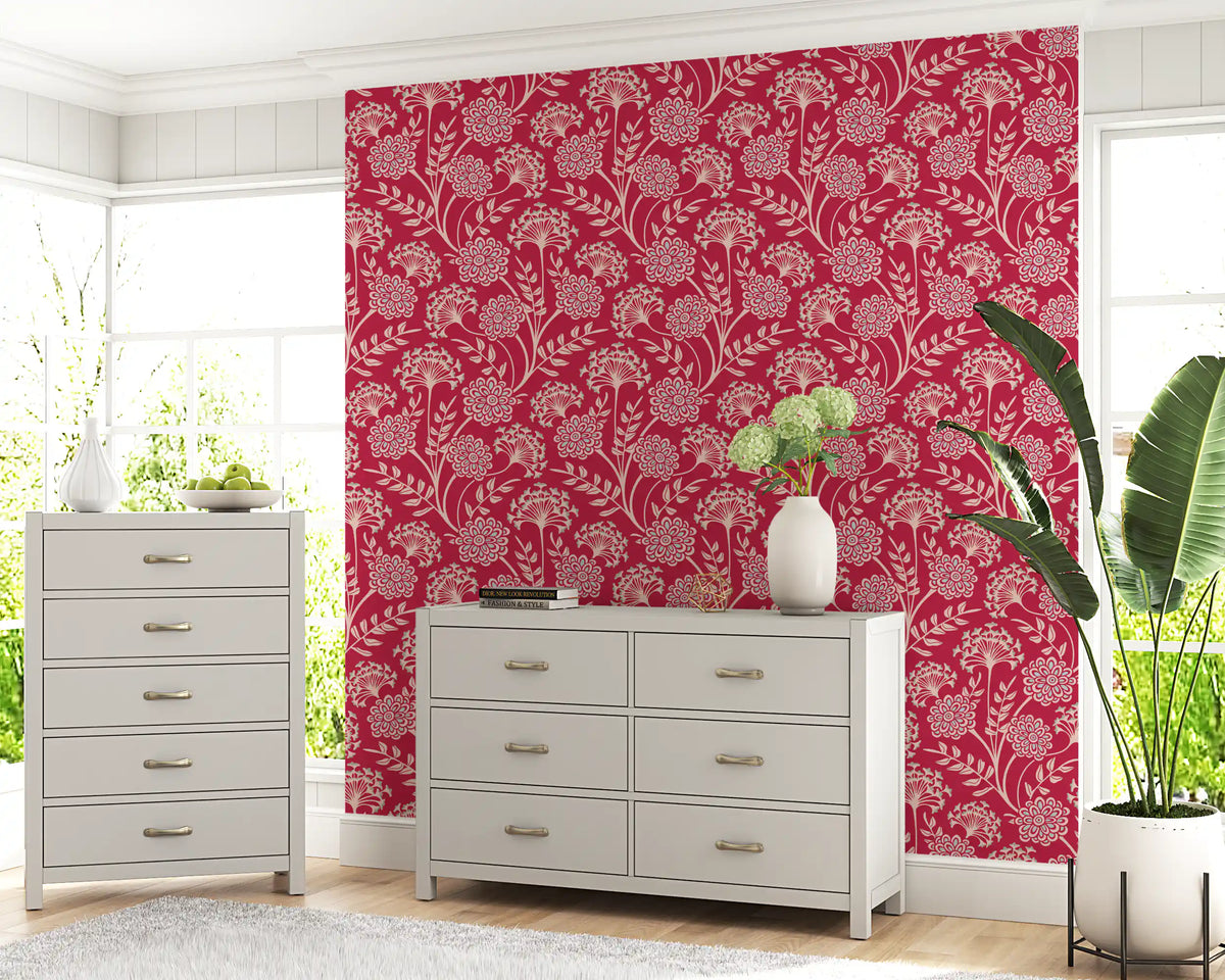 Danube Retro Vintage Floral Zinnia Cow Parsley in Viva Magenta Red Wallpaper⁠