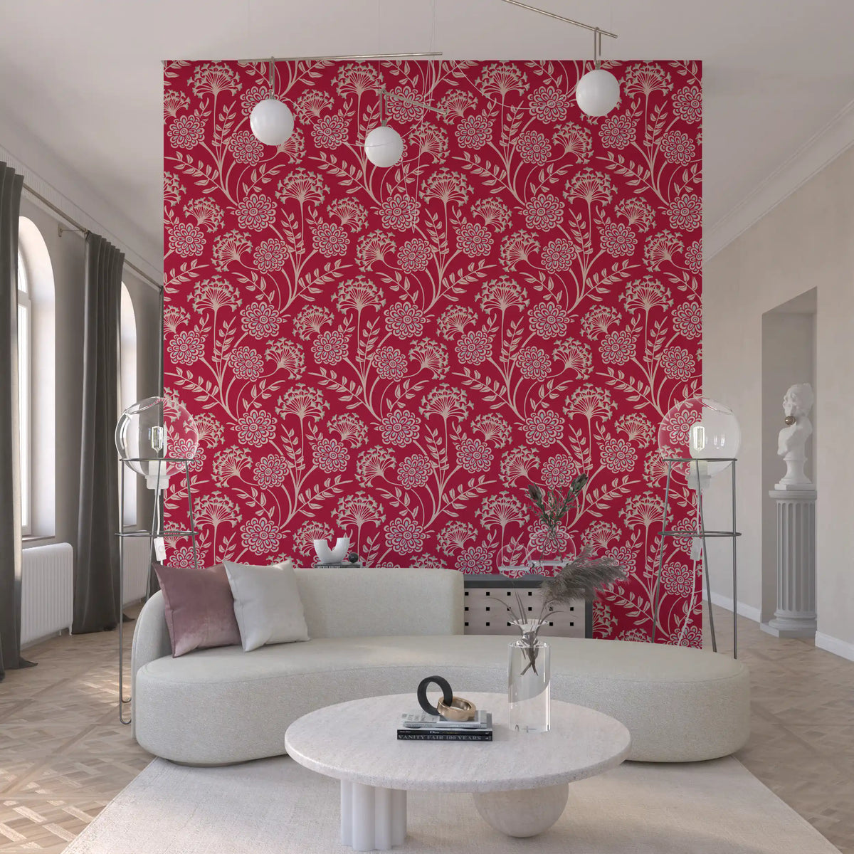 Danube Retro Vintage Floral Zinnia Cow Parsley in Viva Magenta Red Wallpaper⁠