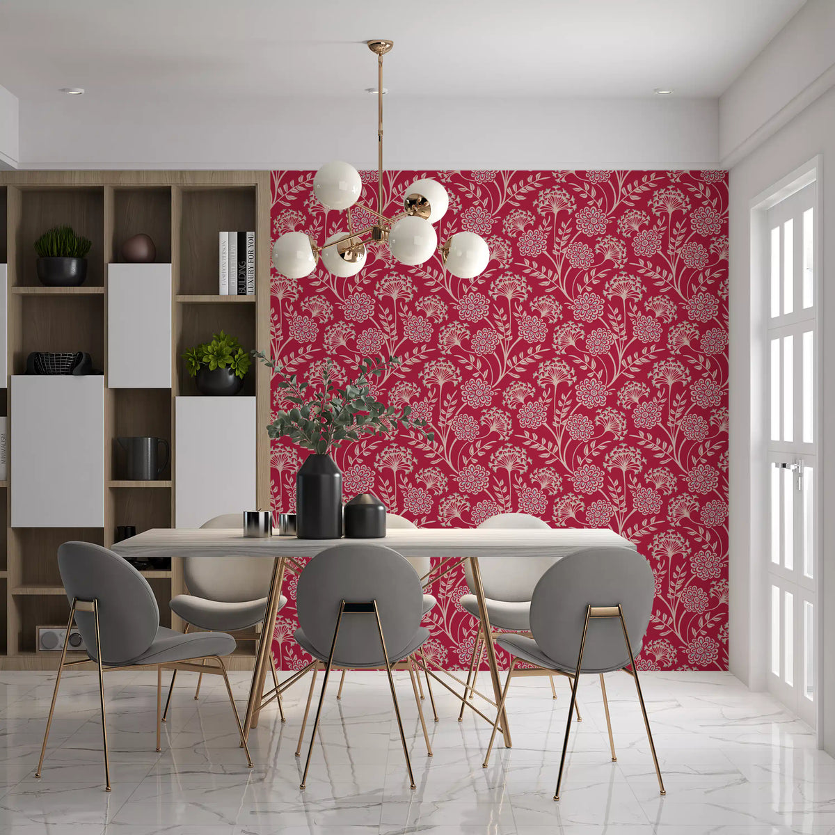 Danube Retro Vintage Floral Zinnia Cow Parsley in Viva Magenta Red Wallpaper⁠