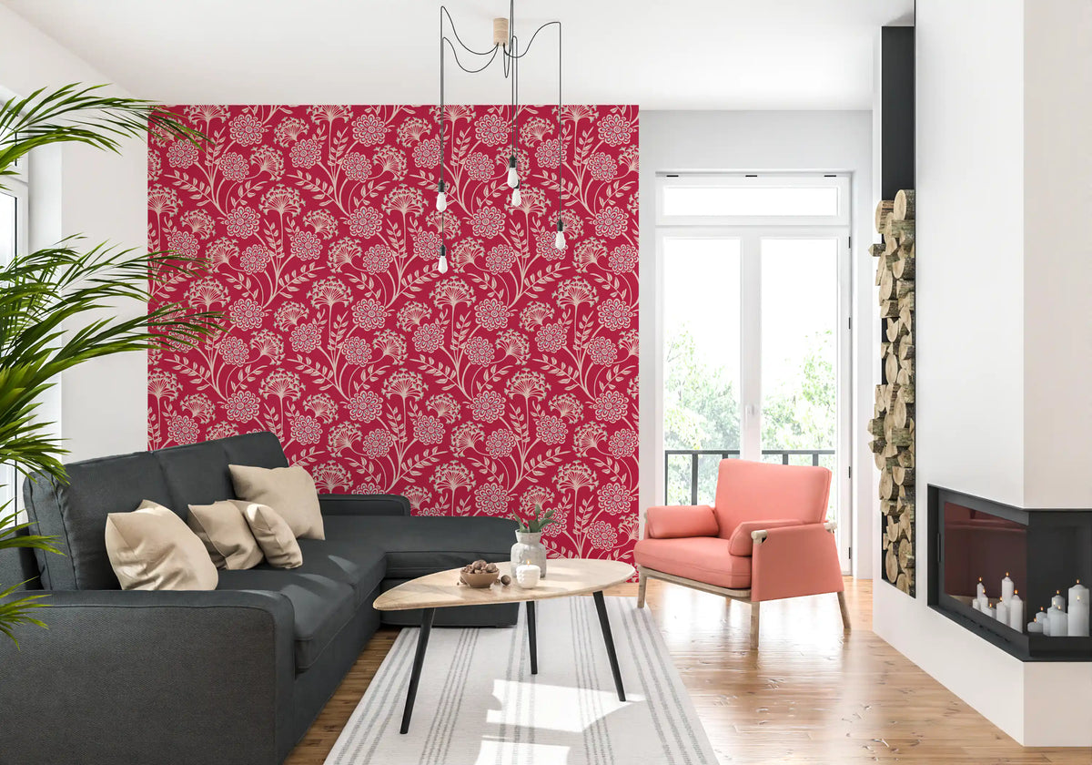 Danube Retro Vintage Floral Zinnia Cow Parsley in Viva Magenta Red Wallpaper⁠