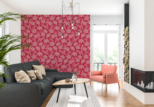 Danube Retro Vintage Floral Zinnia Cow Parsley in Viva Magenta Red Wallpaper⁠
