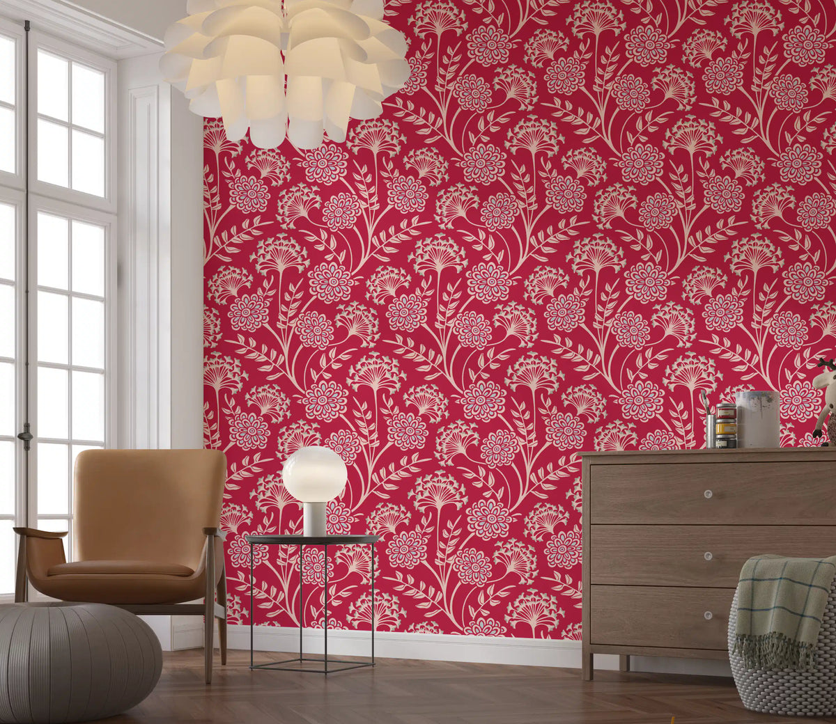 Danube Retro Vintage Floral Zinnia Cow Parsley in Viva Magenta Red Wallpaper⁠