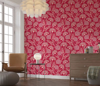 Danube Retro Vintage Floral Zinnia Cow Parsley in Viva Magenta Red Wallpaper⁠