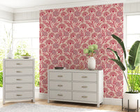 Danube Retro Vintage Floral Zinnia Cow Parsley in Viva Magenta Red Warm Sand  Wallpaper⁠