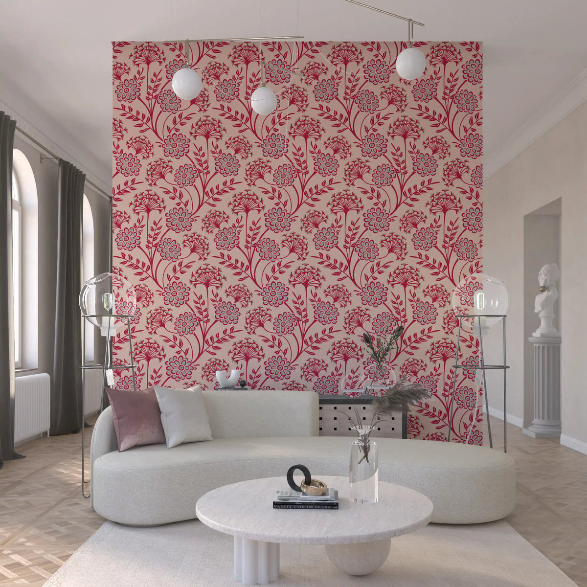 Danube Retro Vintage Floral Zinnia Cow Parsley in Viva Magenta Red Warm Sand  Wallpaper⁠