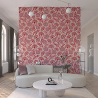 Danube Retro Vintage Floral Zinnia Cow Parsley in Viva Magenta Red Warm Sand  Wallpaper⁠