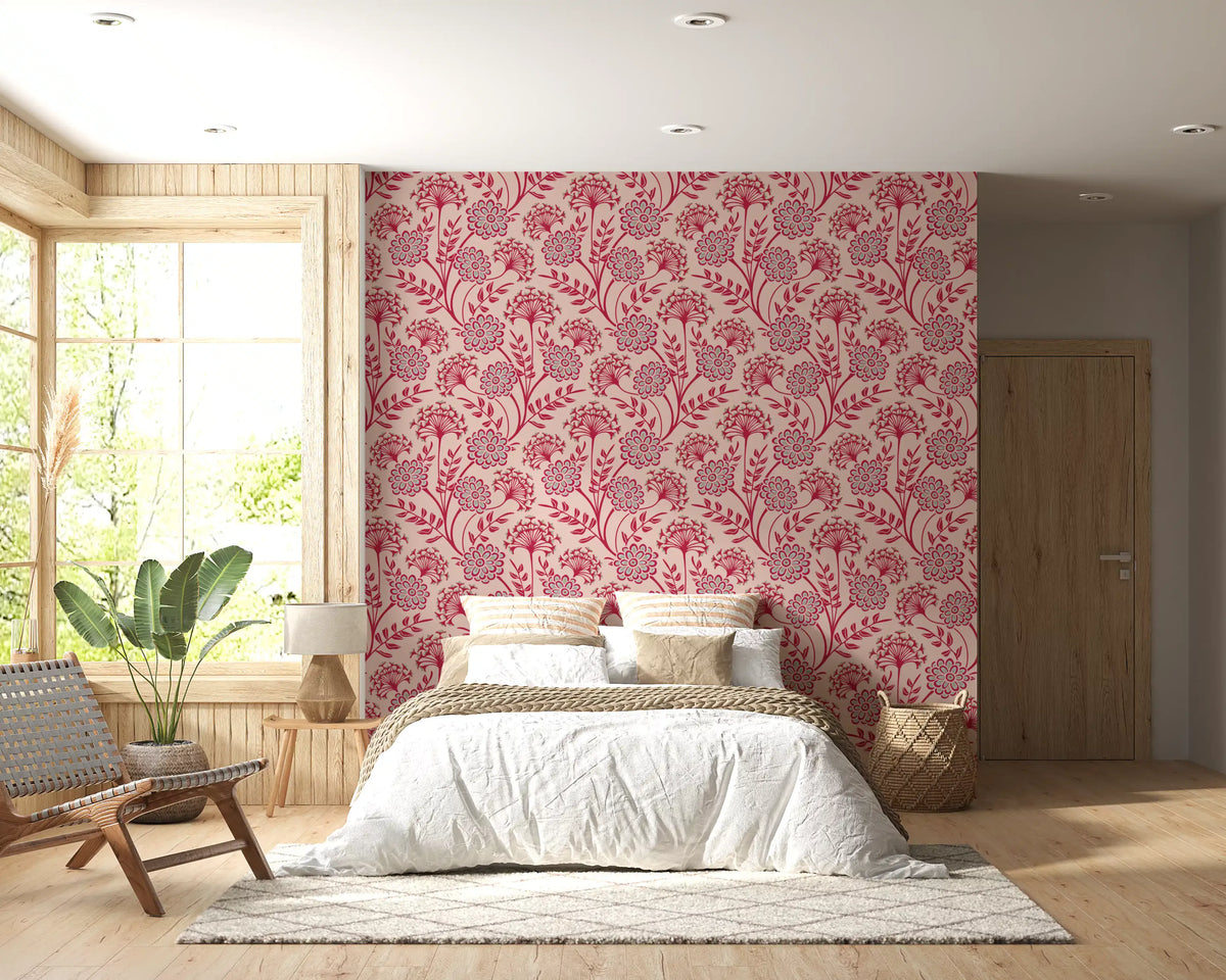 Danube Retro Vintage Floral Zinnia Cow Parsley in Viva Magenta Red Warm Sand  Wallpaper⁠