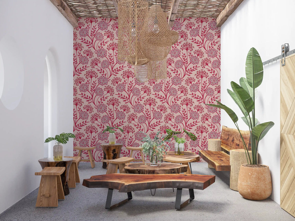 Danube Retro Vintage Floral Zinnia Cow Parsley in Viva Magenta Red Warm Sand  Wallpaper⁠