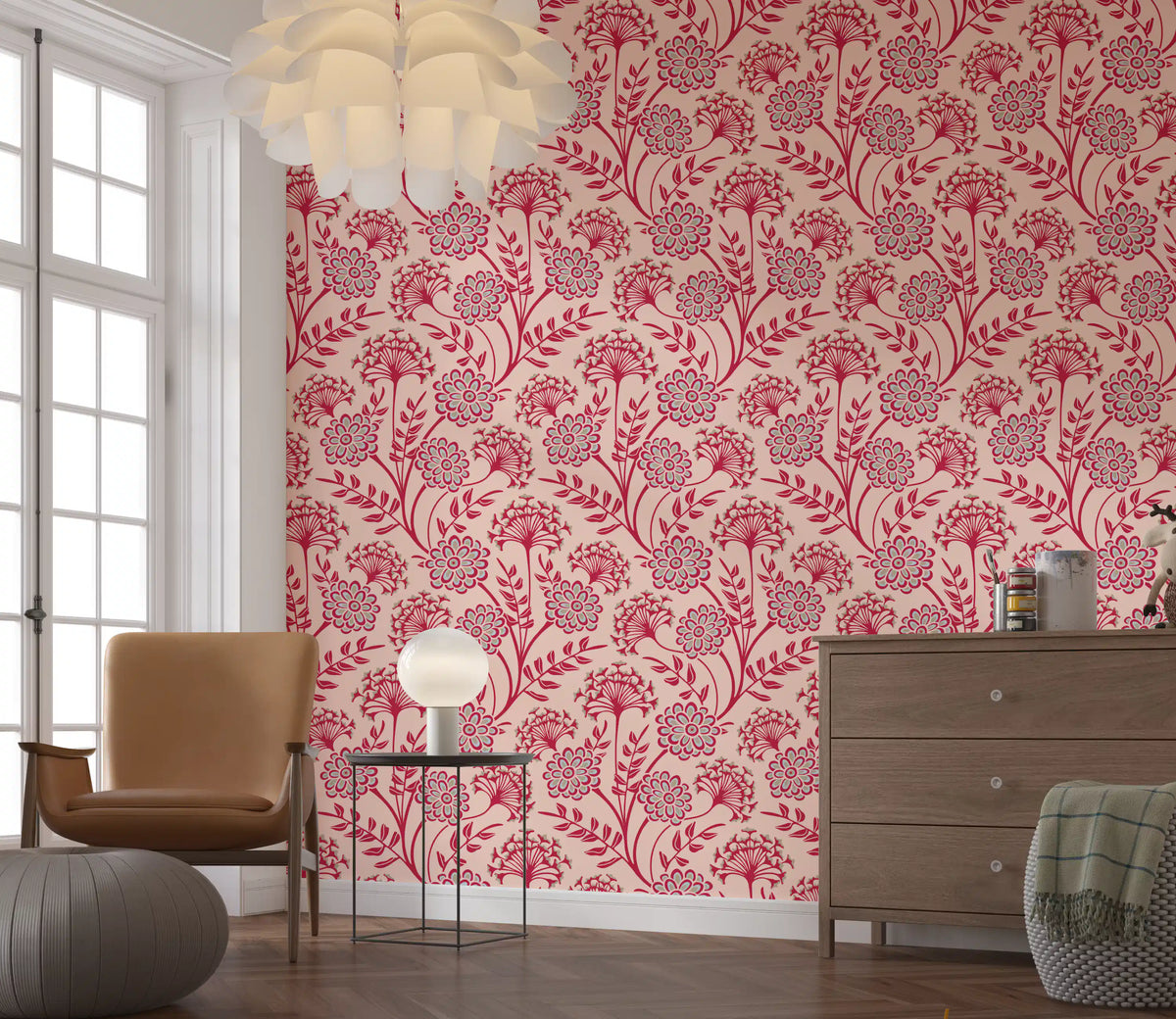 Danube Retro Vintage Floral Zinnia Cow Parsley in Viva Magenta Red Warm Sand  Wallpaper⁠