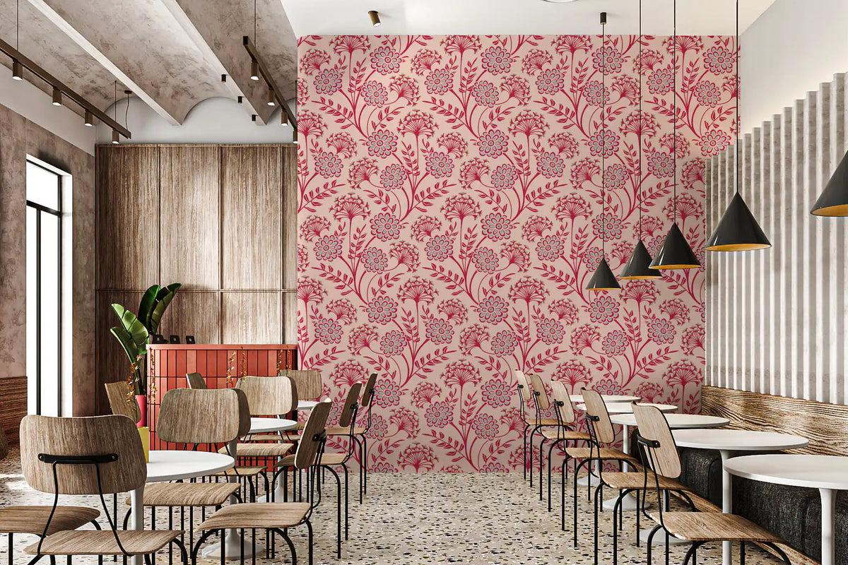 Danube Retro Vintage Floral Zinnia Cow Parsley in Viva Magenta Red Warm Sand  Wallpaper⁠
