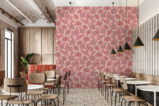 Danube Retro Vintage Floral Zinnia Cow Parsley in Viva Magenta Red Warm Sand  Wallpaper⁠
