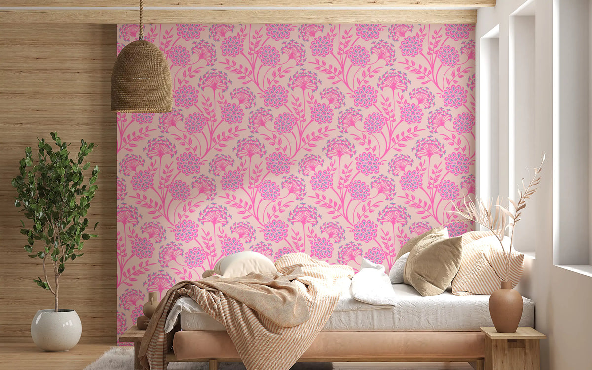 Danube Retro Vintage Floral Zinnia Cow Parsley in Pretty In Pink Wallpaper⁠