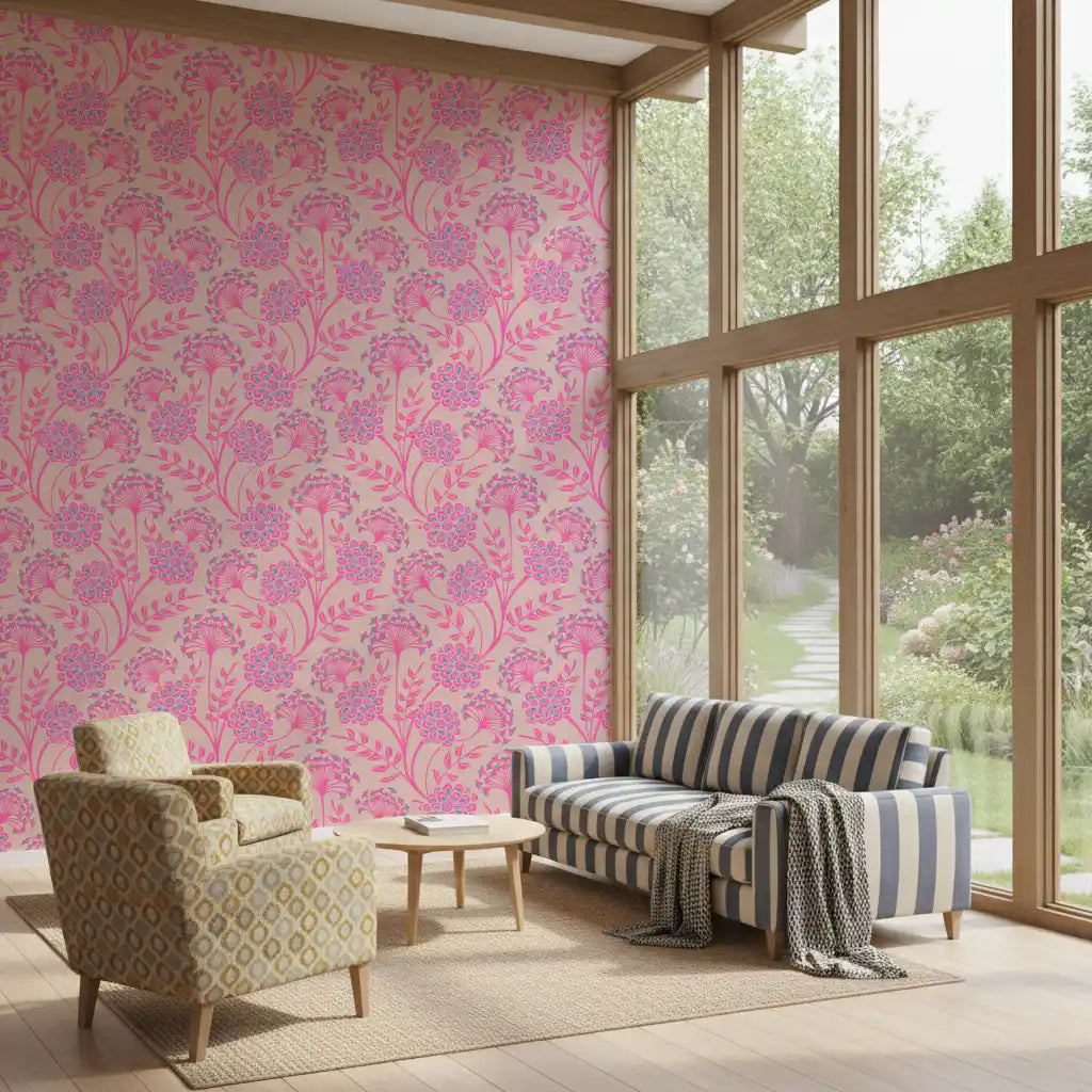 Danube Retro Vintage Floral Zinnia Cow Parsley in Pretty In Pink Wallpaper⁠