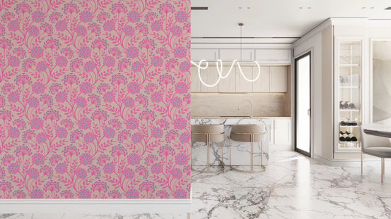 Danube Retro Vintage Floral Zinnia Cow Parsley in Pretty In Pink Wallpaper⁠