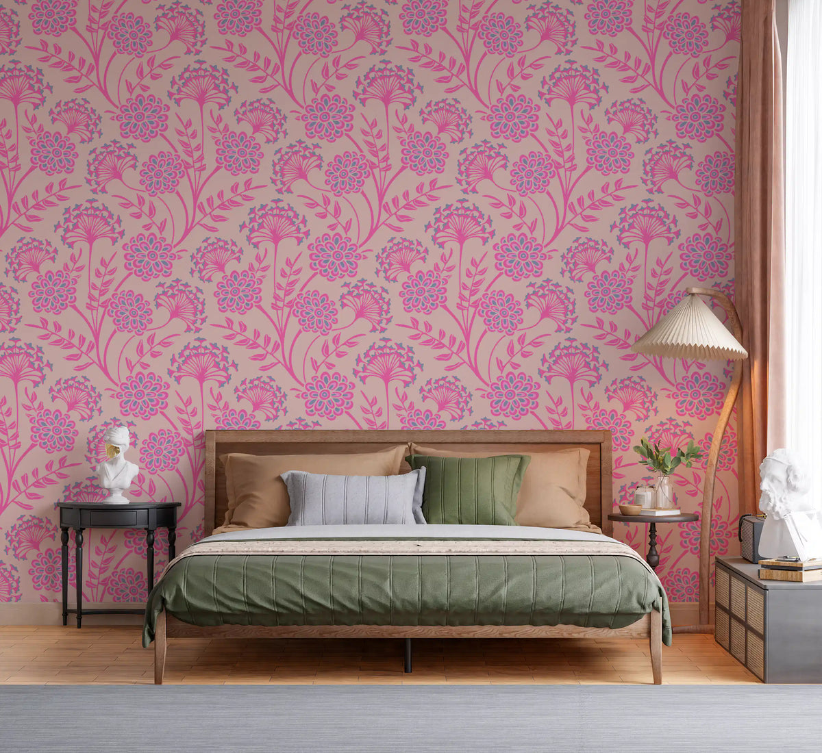 Danube Retro Vintage Floral Zinnia Cow Parsley in Pretty In Pink Wallpaper⁠
