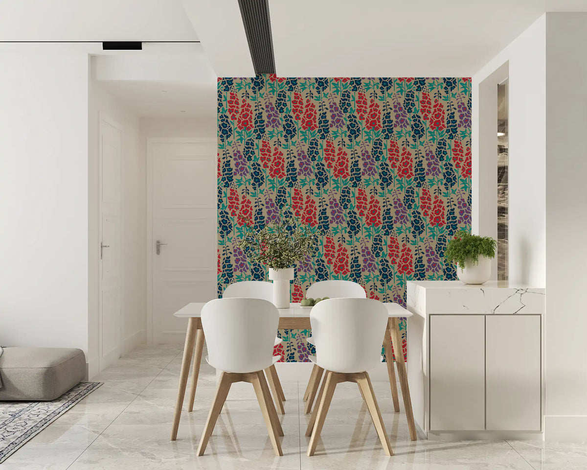 Floral wallpaper behind a white dining table, white chairs and a marble sideboard GD13225