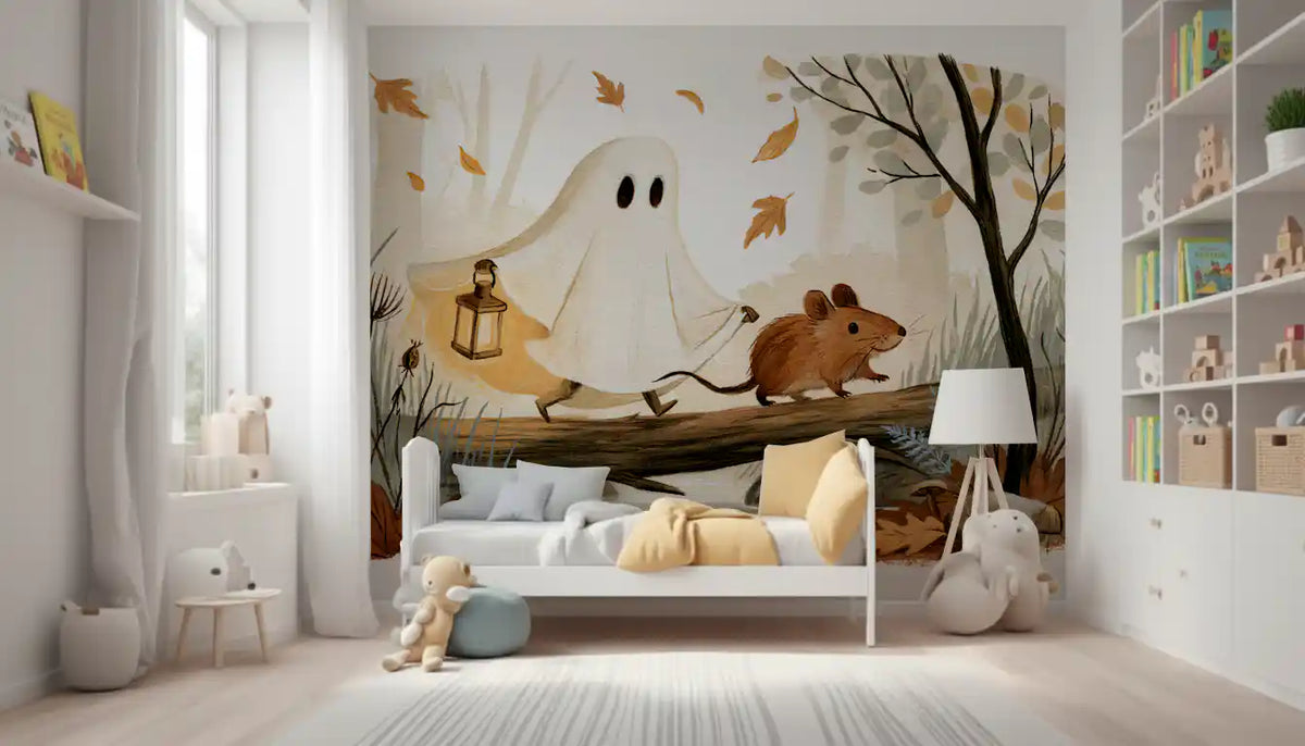 Little Ghost and Mouse Walk the Autumn Forest Wall Mural