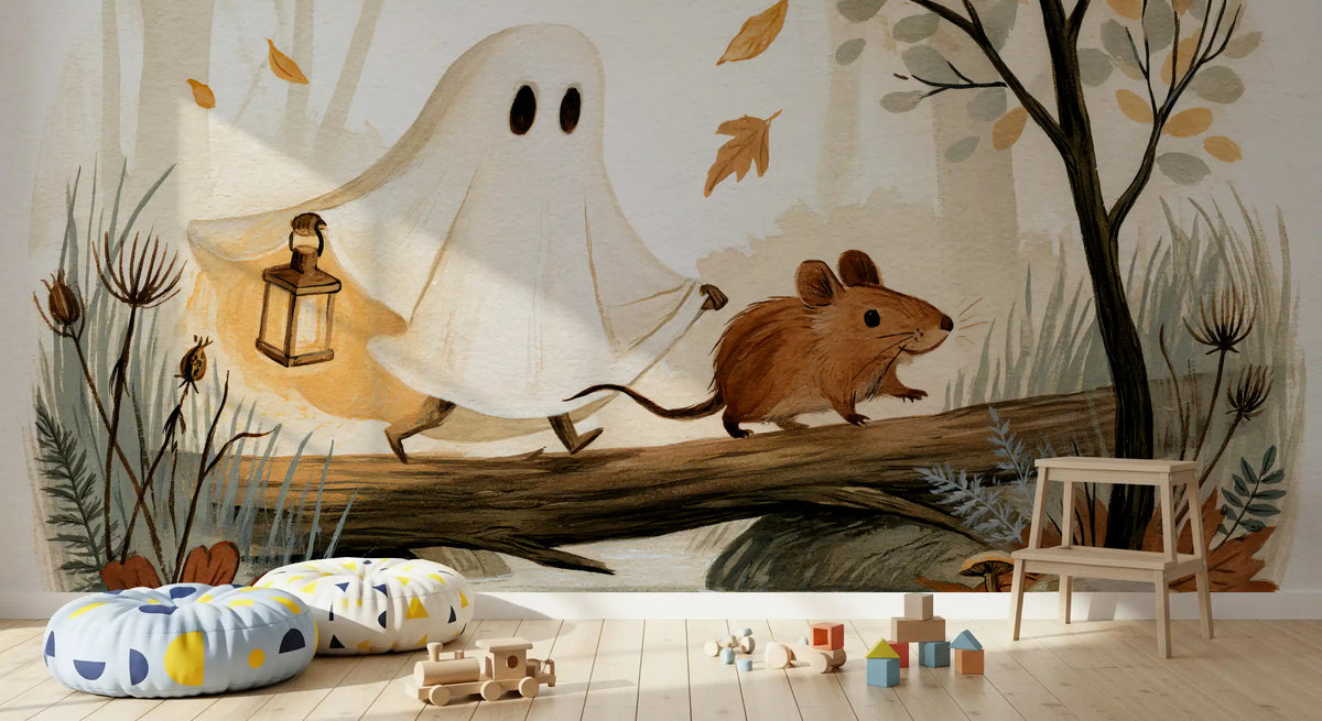 Little Ghost and Mouse Walk the Autumn Forest Wall Mural