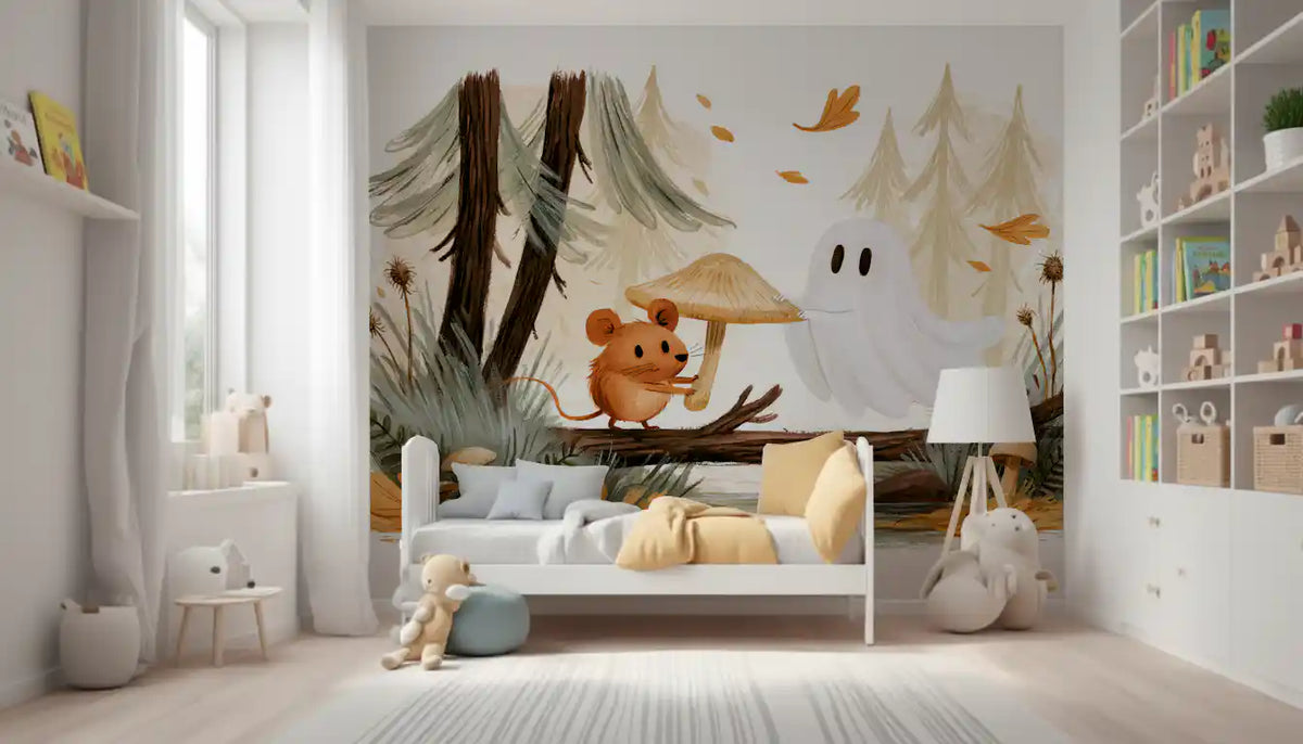 Little Ghost and Mouse in Scandinavian Forest Wall Mural
