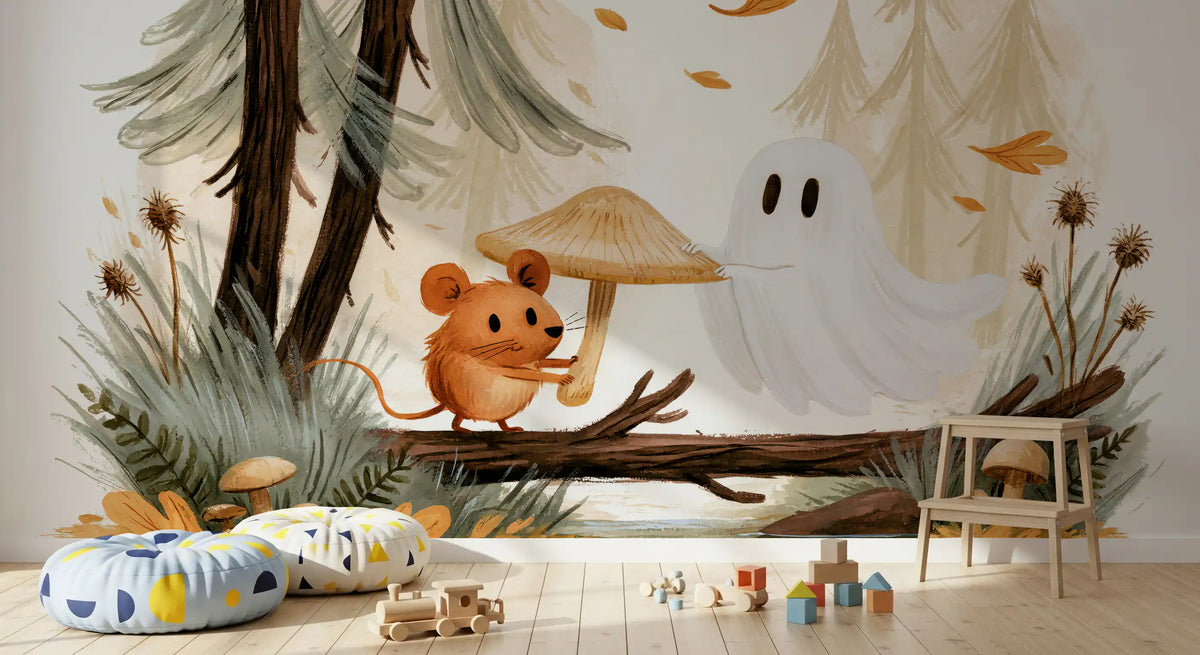 Little Ghost and Mouse in Scandinavian Forest Wall Mural