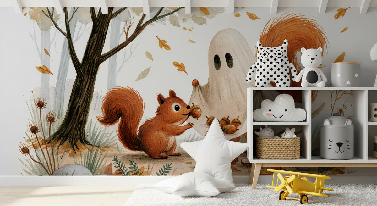 Forest wallpaper mural of squirrel and ghost beside a white cube shelf with plush owl and bear GD13232