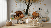 Little Ghost and Hedgehog Gather Fall Leaves Wall Mural