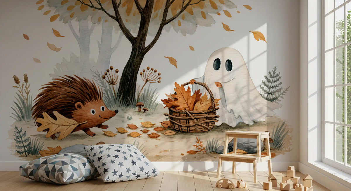 Little Ghost and Hedgehog Gather Fall Leaves Wall Mural