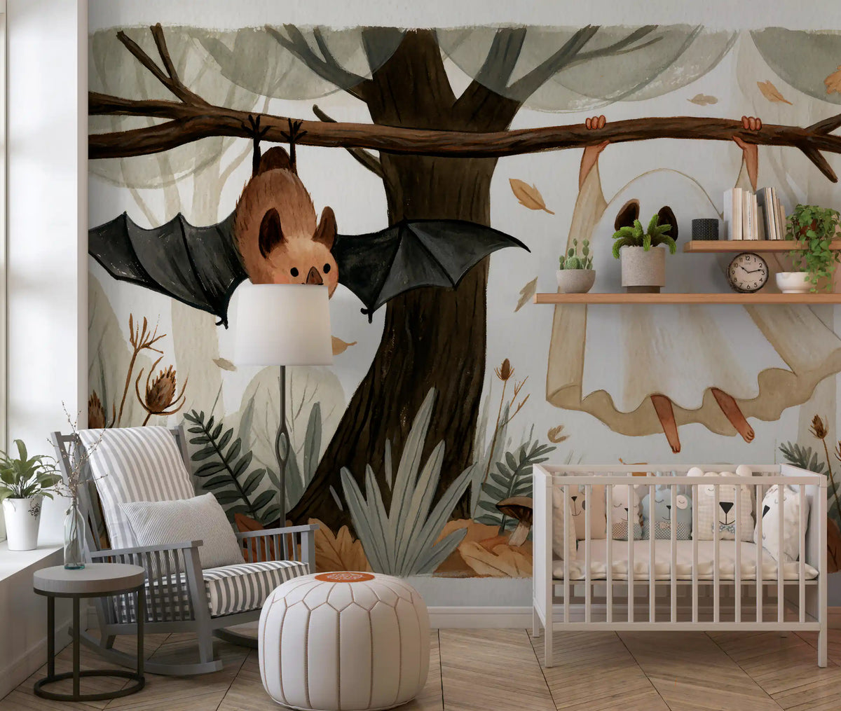 Little Ghost and Bat in Scandinavian Woodland Wall Mural