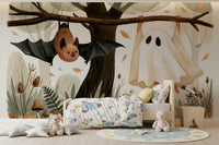 Little Ghost and Bat in Scandinavian Woodland Wall Mural