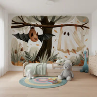 Little Ghost and Bat in Scandinavian Woodland Wall Mural