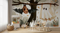Little Ghost and Bat in Scandinavian Woodland Wall Mural