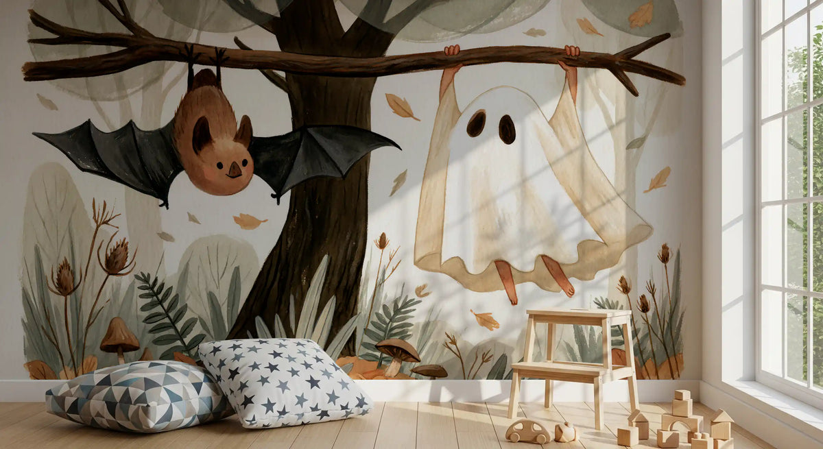 Little Ghost and Bat in Scandinavian Woodland Wall Mural