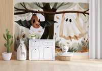 Little Ghost and Bat in Scandinavian Woodland Wall Mural