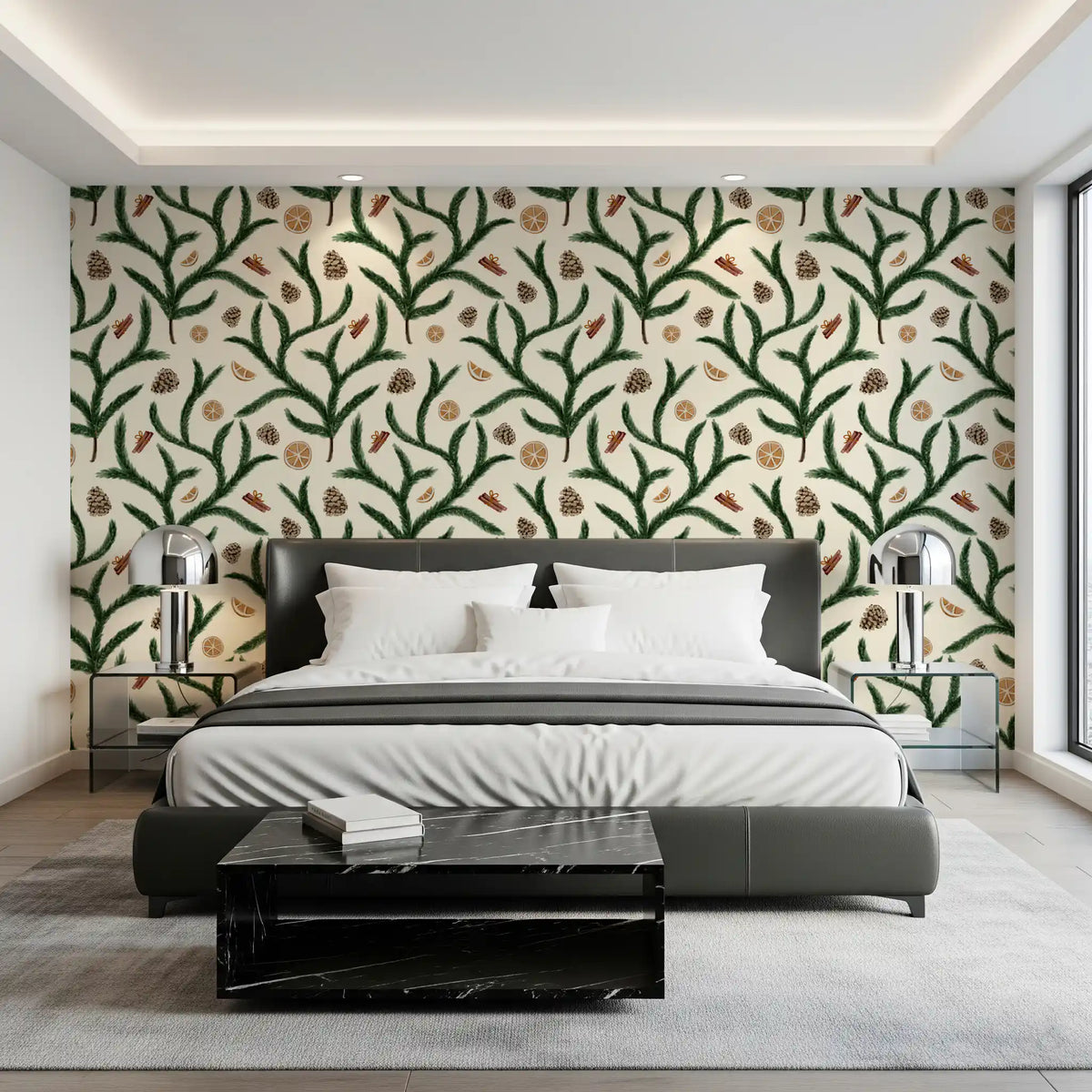 Watercolor Pine Branches with Oranges Cinnamon and Pine Cones Wallpaper⁠