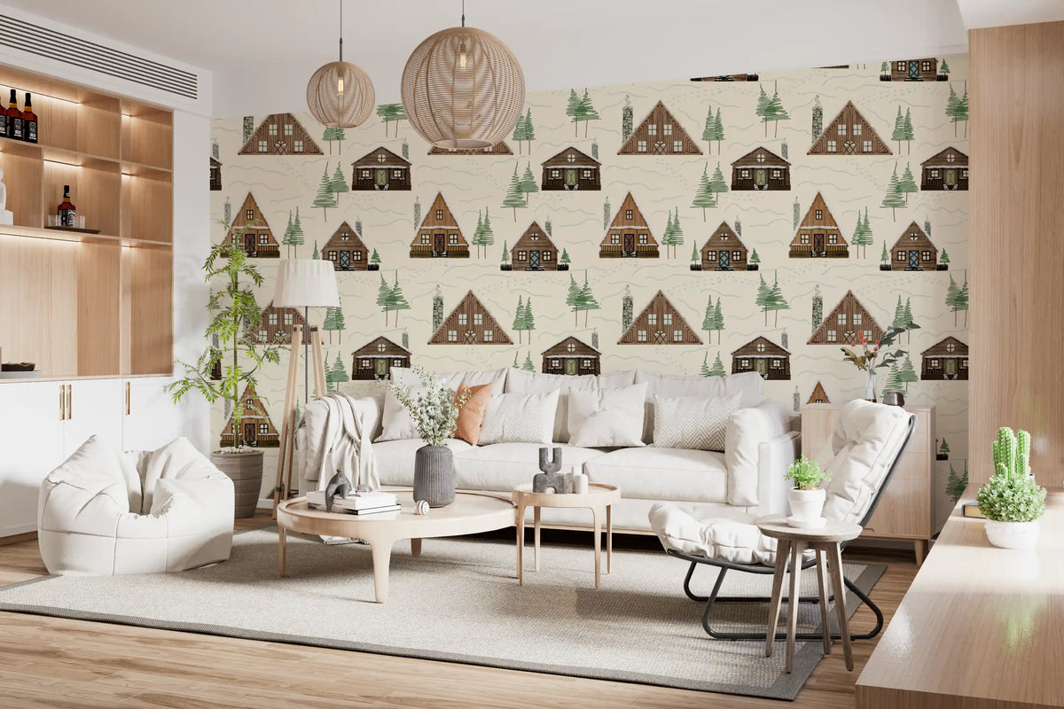 Cabin wallpaper behind white sofa and round wood coffee table in bright living room GD13242