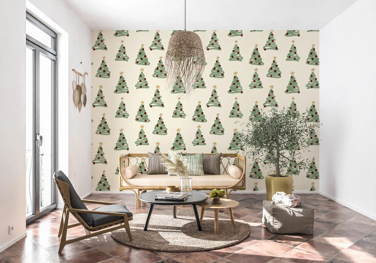 Christmas wallpaper in sunny living room with rattan bench and terracotta tile floor GD13244