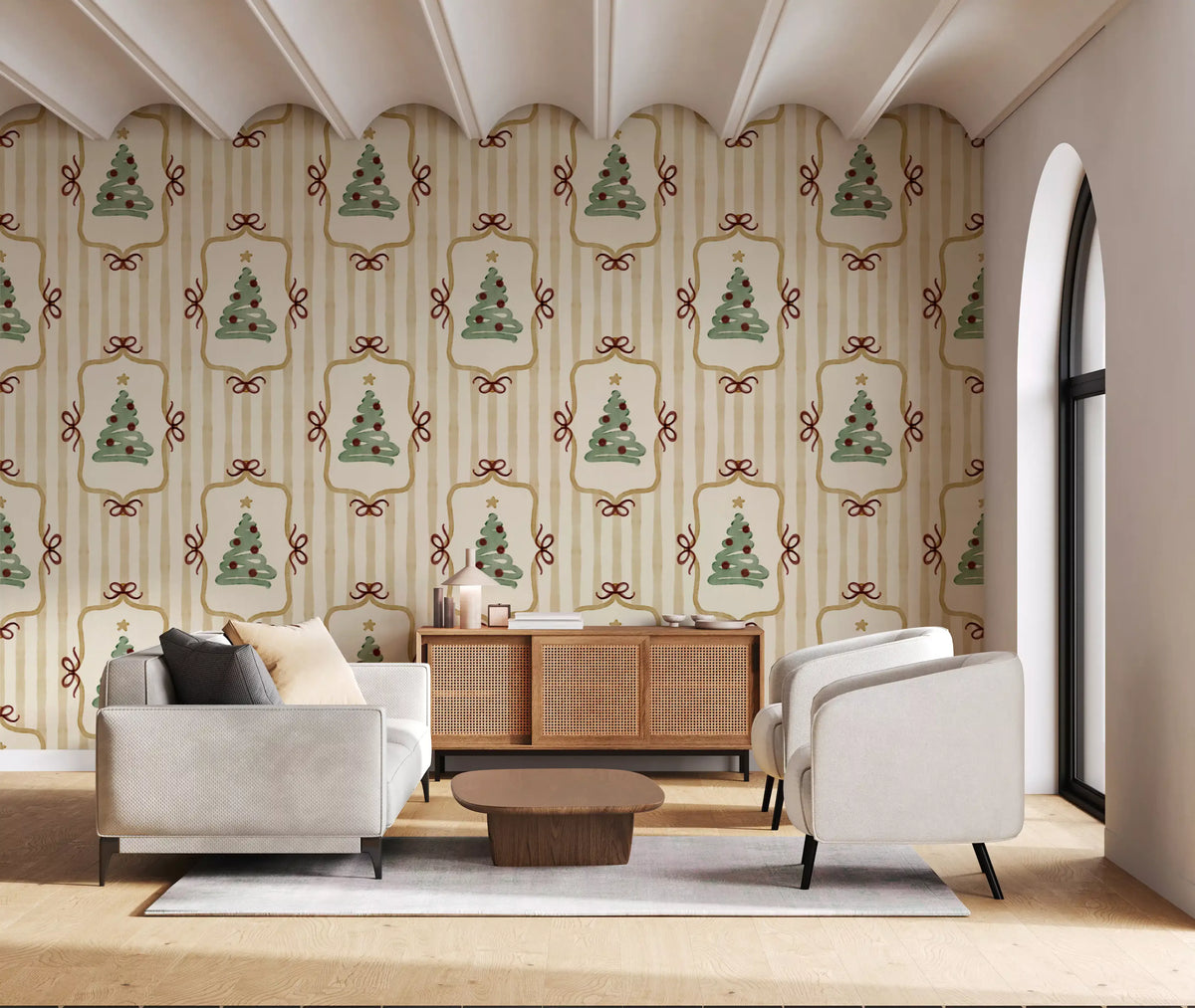 Preppy Christmas Tree Bows Ribbon Stripes - Antique Gold Yellow Wallpaper⁠