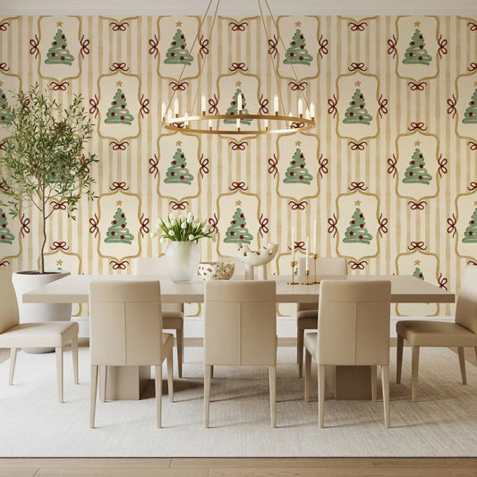 Preppy Christmas Tree Bows Ribbon Stripes - Antique Gold Yellow Wallpaper⁠