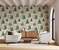 Snowy Winter Forest Pine Trees and Berries Pattern Wallpaper⁠
