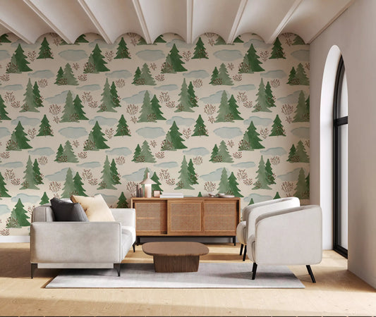 Snowy Winter Forest Pine Trees and Berries Pattern Wallpaper⁠